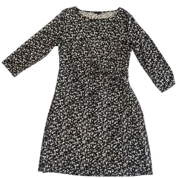 Talbots Knit Dress 3/4 Sleeve Faux‎ Wrap Black Gray White Print Dress Size LP - Picture 3 of 10